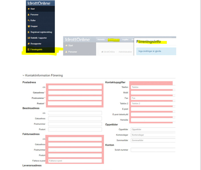 IdrottOnline fyll i föreningens kontaktuppgifter